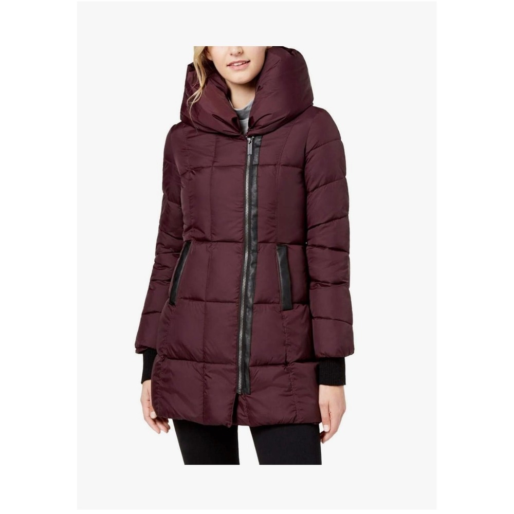 French Connection Puffer Coat Size Small Burgundy Asymmetrical Pillow Collar